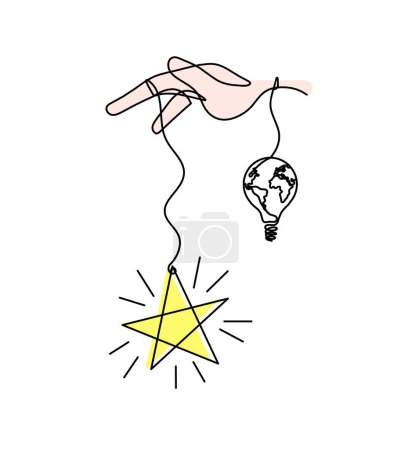 Téléchargez les photos : Étoile de couleur abstraite avec main et ampoule comme dessin à la ligne sur fond blanc - en image libre de droit