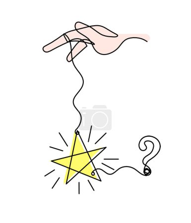 Foto de Estrella de color abstracta con la mano y signo de interrogación como dibujo de línea sobre fondo blanco - Imagen libre de derechos