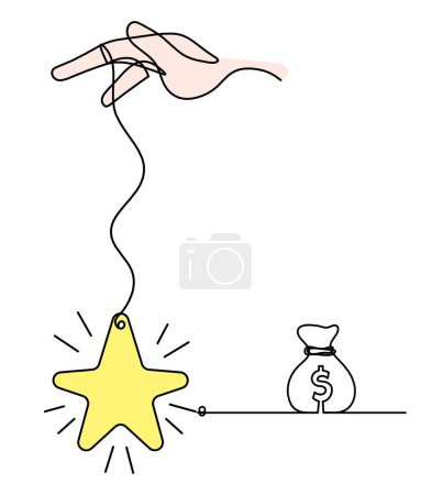 Foto de Estrella de color abstracta con la mano y el dólar como dibujo de línea sobre fondo blanco - Imagen libre de derechos