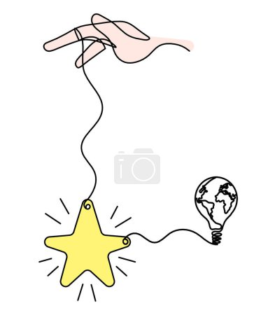 Téléchargez les photos : Étoile de couleur abstraite avec main et ampoule comme dessin à la ligne sur fond blanc - en image libre de droit