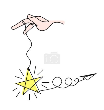 Foto de Estrella de color abstracta con plano de mano y papel como dibujo de línea sobre fondo blanco - Imagen libre de derechos