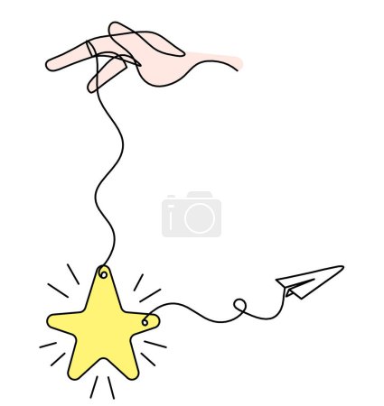 Photo for Abstract color  star with hand and paper plane as line drawing on white background - Royalty Free Image
