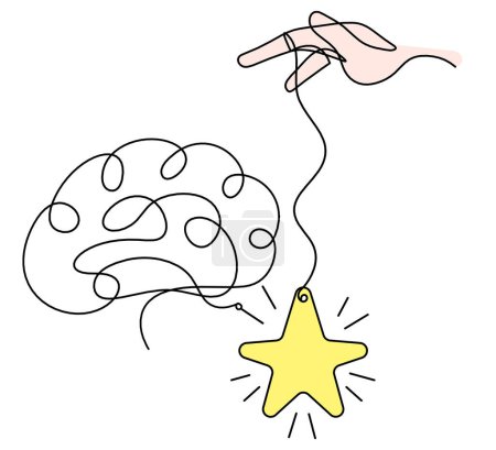 Téléchargez les photos : Étoile de couleur abstraite avec la main et le cerveau comme dessin de ligne sur fond blanc - en image libre de droit