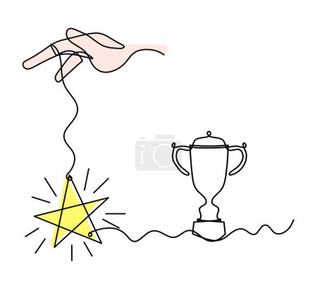 Foto de Estrella de color abstracta con mano y trofeo como dibujo de línea sobre fondo blanco - Imagen libre de derechos