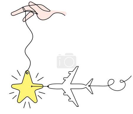 Téléchargez les photos : Étoile de couleur abstraite avec la main et le plan comme dessin de ligne sur fond blanc - en image libre de droit