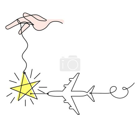 Photo for Abstract color  star with hand and plane as line drawing on white background - Royalty Free Image