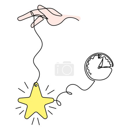 Foto de Estrella de color abstracta con la mano y el reloj como dibujo de línea sobre fondo blanco - Imagen libre de derechos