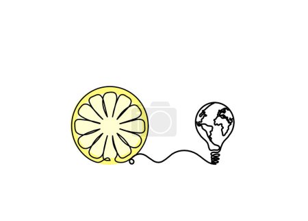 Téléchargez les photos : Ligne de dessin couleur citron avec ampoule sur le fond blanc - en image libre de droit