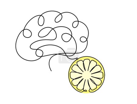 Téléchargez les photos : Ligne de dessin couleur citron avec cerveau sur le fond blanc - en image libre de droit