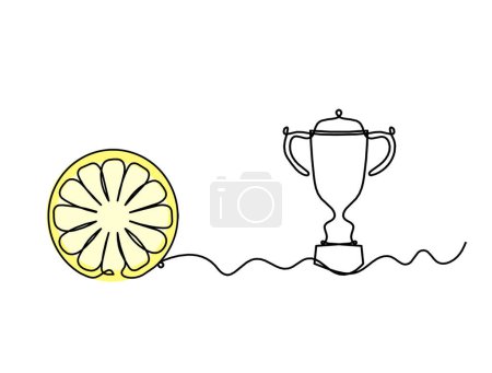 Téléchargez les photos : Ligne de dessin couleur citron avec trophée sur le fond blanc - en image libre de droit