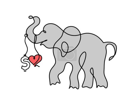 Téléchargez les photos : Silhouette d'éléphant abstrait de couleur avec le dollar comme dessin de ligne sur blanc - en image libre de droit