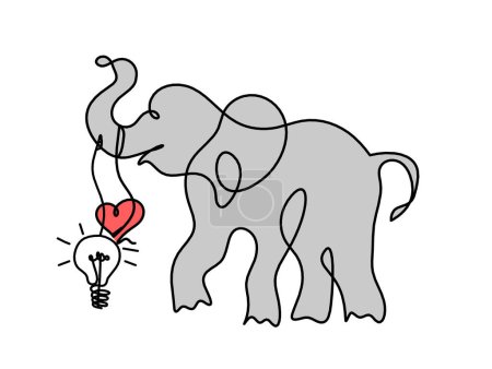Photo for Silhouette of color abstract elephant with light bulb as line drawing on white - Royalty Free Image