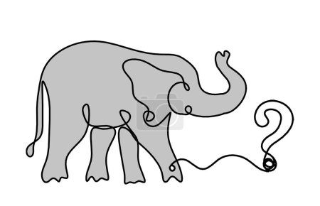 Téléchargez les photos : Silhouette d'éléphant abstrait de couleur avec point d'interrogation comme dessin au trait sur blanc - en image libre de droit