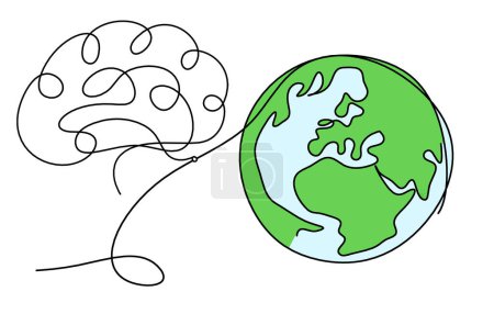 Foto de Planeta Tierra de color abstracto con el cerebro como dibujo de línea sobre blanco como fondo - Imagen libre de derechos
