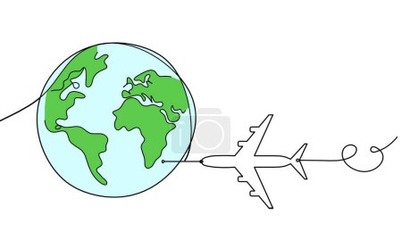 Photo for Abstract color planet Earth with plane as line drawing on white as background - Royalty Free Image