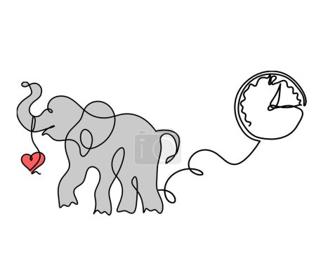 Photo for Silhouette of color abstract elephant with clock as line drawing on white - Royalty Free Image