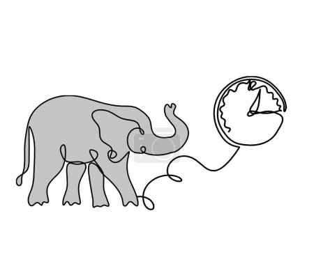 Téléchargez les photos : Silhouette d'éléphant abstrait de couleur avec horloge comme dessin de ligne sur blanc - en image libre de droit
