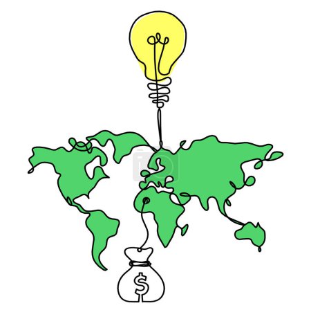 Photo for Color Map of planet Earth and light bulb with dollar as line drawing on white background - Royalty Free Image
