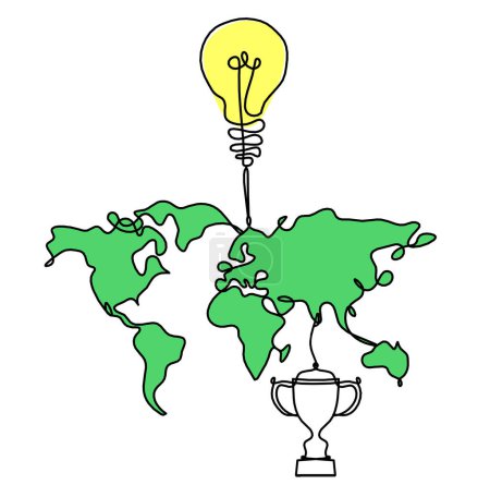 Téléchargez les photos : Carte couleur de la planète Terre et ampoule avec trophée comme dessin au trait sur fond blanc - en image libre de droit