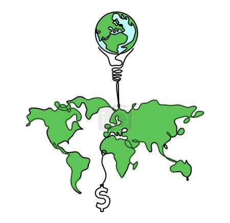 Foto de Mapa de color del planeta Tierra y bombilla con dólar como dibujo de línea sobre fondo blanco - Imagen libre de derechos