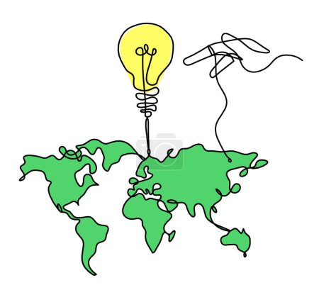Téléchargez les photos : Carte couleur de la planète Terre et ampoule avec la main comme dessin à la ligne sur fond blanc - en image libre de droit