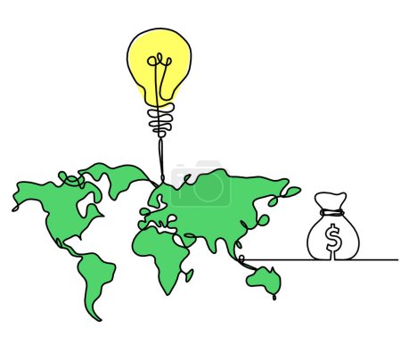 Téléchargez les photos : Carte couleur de la planète Terre et ampoule avec dollar comme dessin sur fond blanc - en image libre de droit
