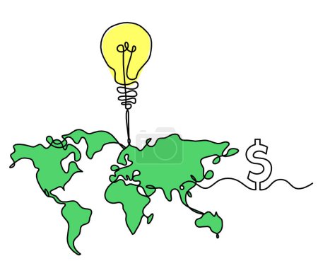 Photo for Color Map of planet Earth and light bulb with dollar as line drawing on white background - Royalty Free Image
