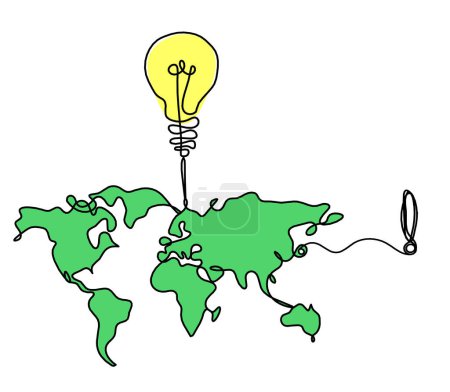 Photo for Color Map of planet Earth and light bulb with exclamation mark as line drawing on white background - Royalty Free Image