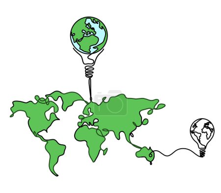 Foto de Mapa de color del planeta Tierra y bombilla con bombilla como dibujo de línea sobre fondo blanco - Imagen libre de derechos