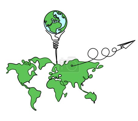 Téléchargez les photos : Carte couleur de la planète Terre et ampoule avec plan en papier comme dessin au trait sur fond blanc - en image libre de droit