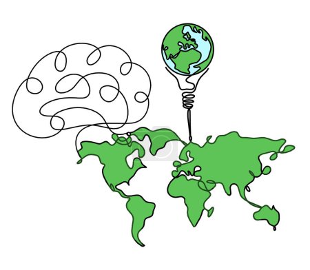 Téléchargez les photos : Carte couleur de la planète Terre et ampoule avec le cerveau comme dessin de ligne sur fond blanc - en image libre de droit