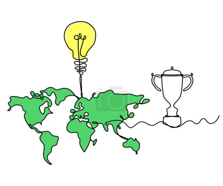 Téléchargez les photos : Carte couleur de la planète Terre et ampoule avec trophée comme dessin au trait sur fond blanc - en image libre de droit