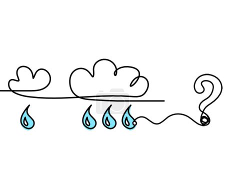 Foto de Gota azul abstracta con nubes y signo de interrogación como dibujo de línea sobre fondo blanco - Imagen libre de derechos