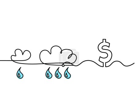 Foto de Gota azul abstracta con nubes y dólar como dibujo de línea sobre fondo blanco - Imagen libre de derechos