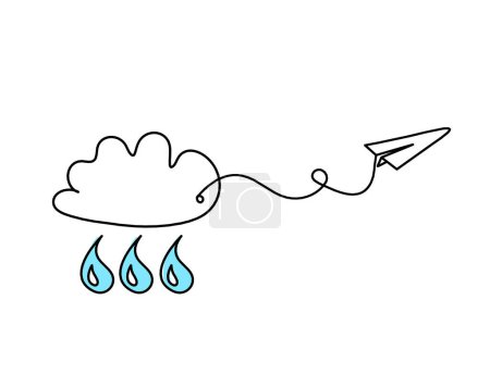 Photo for Abstract blue drop with clouds and paper plane as line drawing on white background - Royalty Free Image