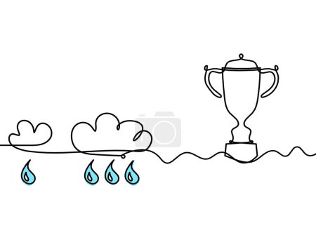 Foto de Gota azul abstracta con nubes y trofeo como dibujo de línea sobre fondo blanco - Imagen libre de derechos