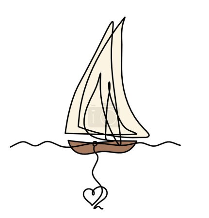 Barco de color abstracto con corazón como dibujo de línea sobre fondo blanco