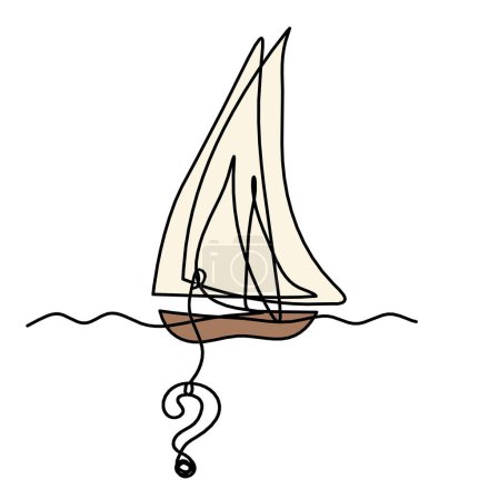 Barco de color abstracto con signo de interrogación como dibujo de línea sobre fondo blanco