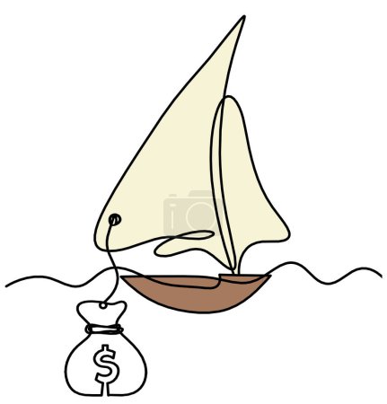 Barco de color abstracto con dólar como dibujo de línea sobre fondo blanco