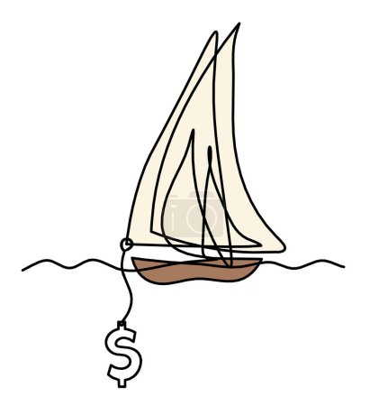 Abstract color boat with dollar as line drawing on white background