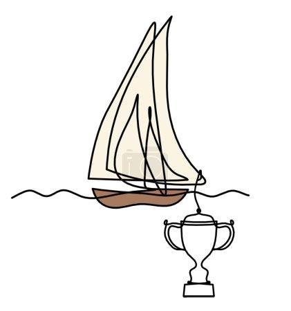Abstract color boat with trophy as line drawing on white background