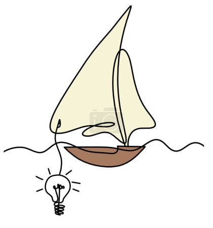 Abstract color boat with light bulb as line drawing on white background