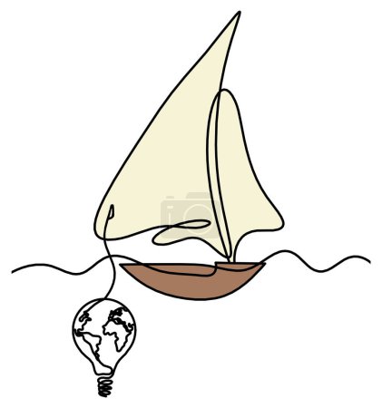 Barco de color abstracto con bombilla como dibujo de línea sobre fondo blanco