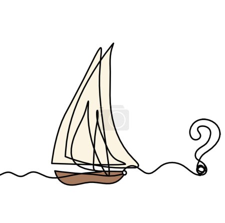 Abstract color boat with question mark as line drawing on white background