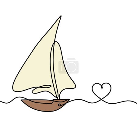 Abstract color boat with heart as line drawing on white background