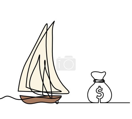 Abstrakte Farbe Boot mit Dollar als Linienzeichnung auf weißem Hintergrund