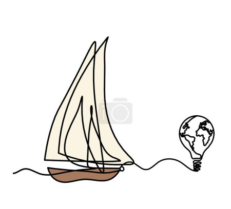 Abstract color boat with  light bulb as line drawing on white background