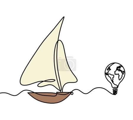 Abstract color boat with  light bulb as line drawing on white background