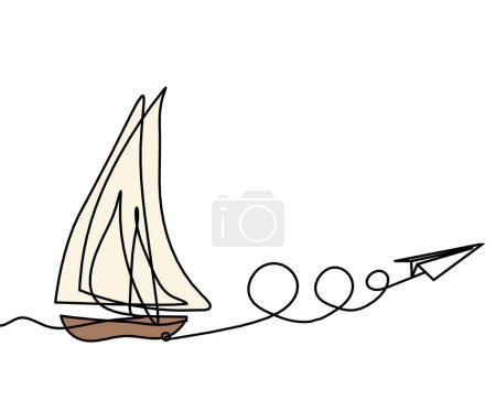 Photo for Abstract color boat with paper plane as line drawing on white background - Royalty Free Image