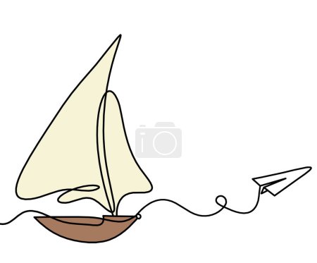 Abstract color boat with paper plane as line drawing on white background